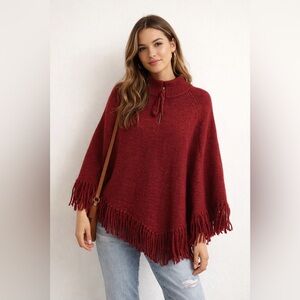 Westbound Red Wool Blend Fringe Poncho‎ OSFM